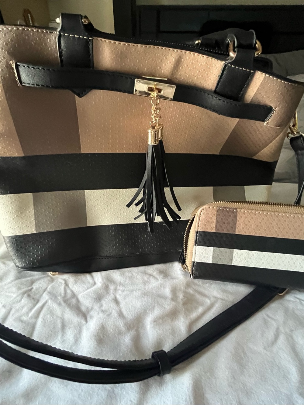 Striped Shoulder Tote with Tassel Accent - Black & Beige